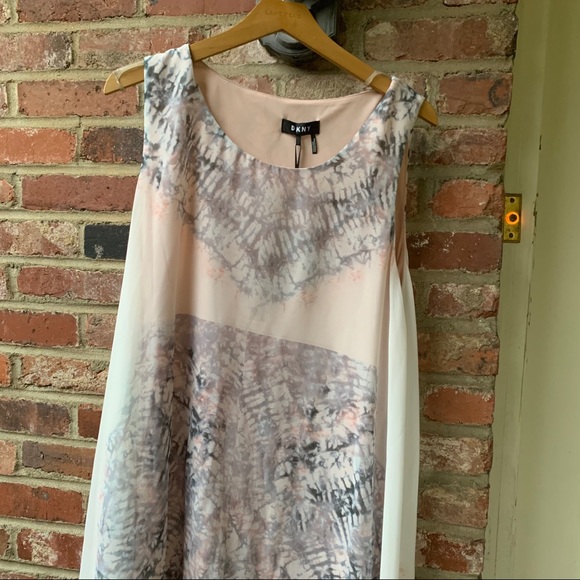 Elegant DKNY Cream Peach Grey Large Dress. Soft flowing. Asymmetrical hem. NWT. - Picture 5 of 7